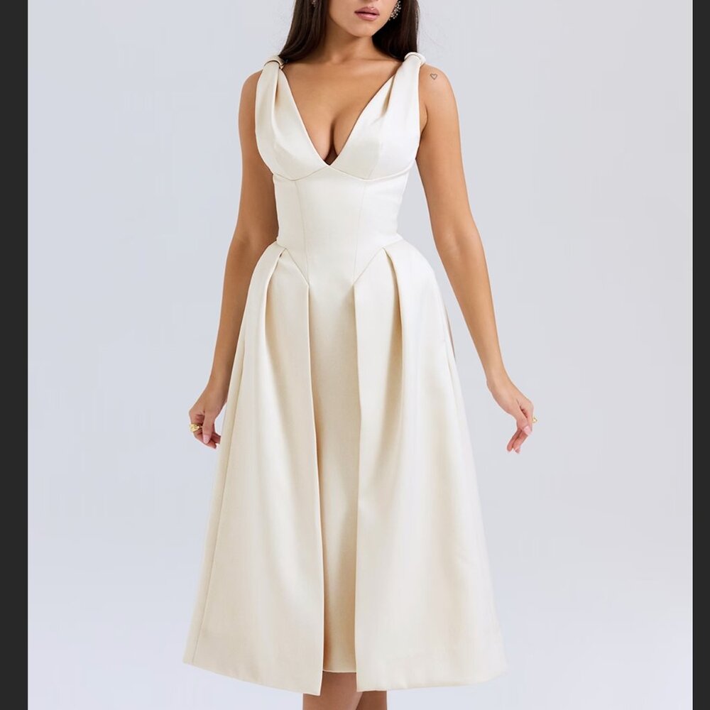 NWT HOUSE OF CB Paloma vintage cream satin pleated midi dress - Picture 8 of 15
